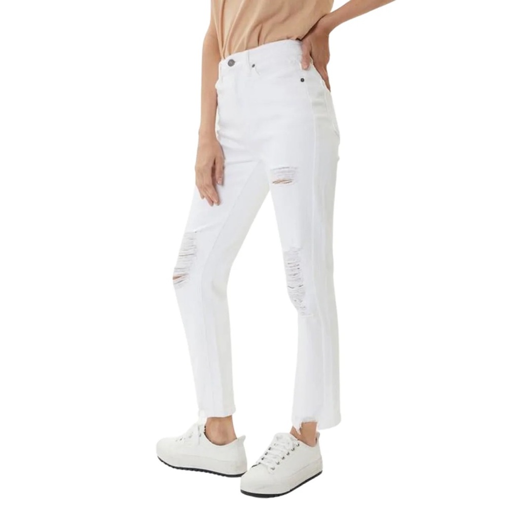 Kancan Signature White Distressed Mid Rise Straight Stretch Denim Jean Size 34